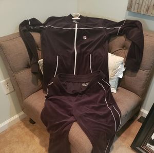 Black velour fila sweat suit with white pin stripe